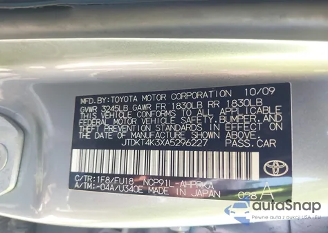 2010 Toyota Yaris из США, поврежденный, VIN JTDKT4K3XA5296227